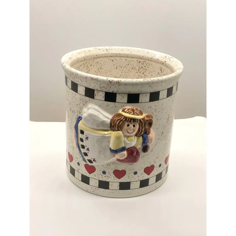 Vintage Ceramic Angel Baking Utensil Crock Heart Checkered Farmhouse Canister